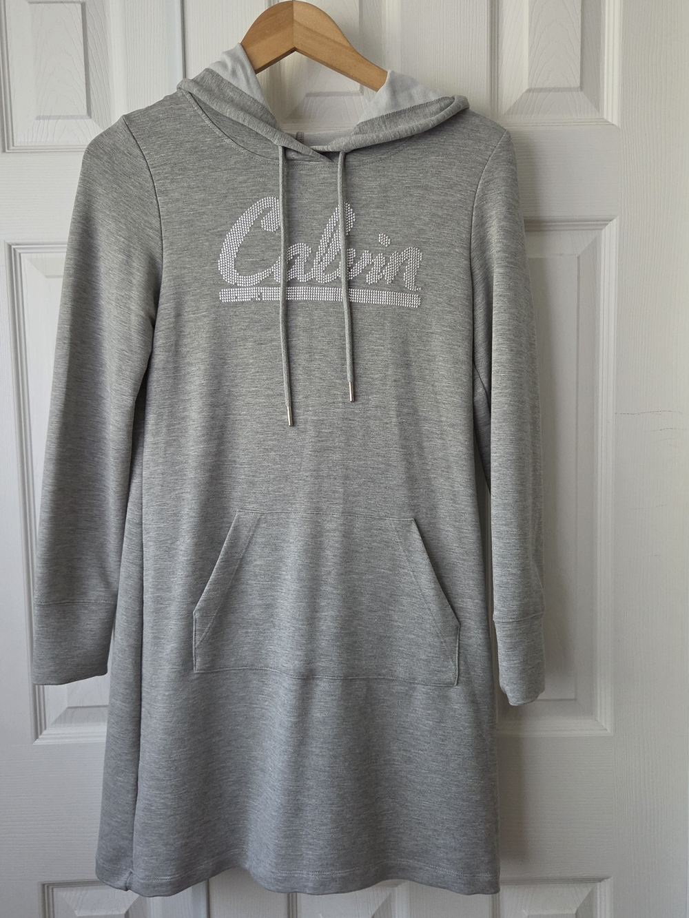 Calvin Klein Heather Gray Rhinestone Logo Hoodie Dress Sz S